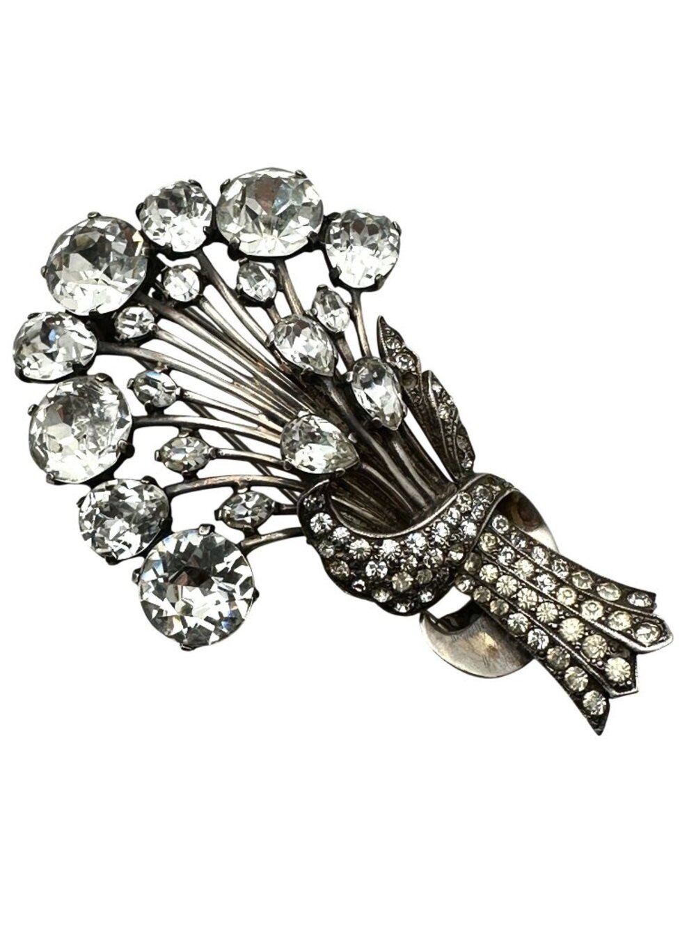 Vintage Eisenberg Clear Rhinestone Sterling Silver Fur Dress Clip